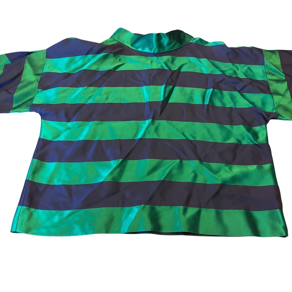 Agnes B Paris | Size 2 | Green Navy Blue Striped | Mock Neck Blouse Boxy Top - Picture 4 of 11